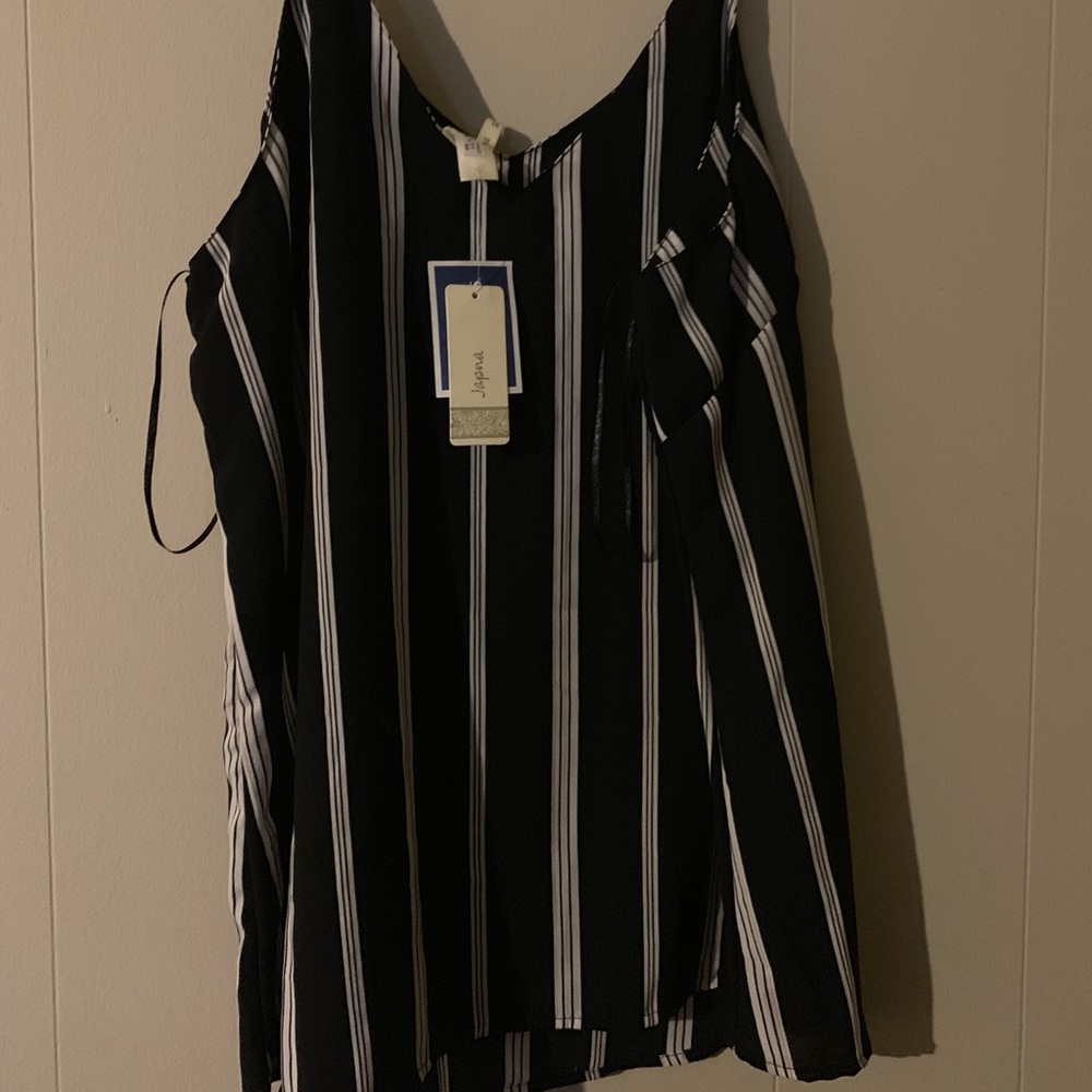 Spaghetti strapped black and white striped shirt